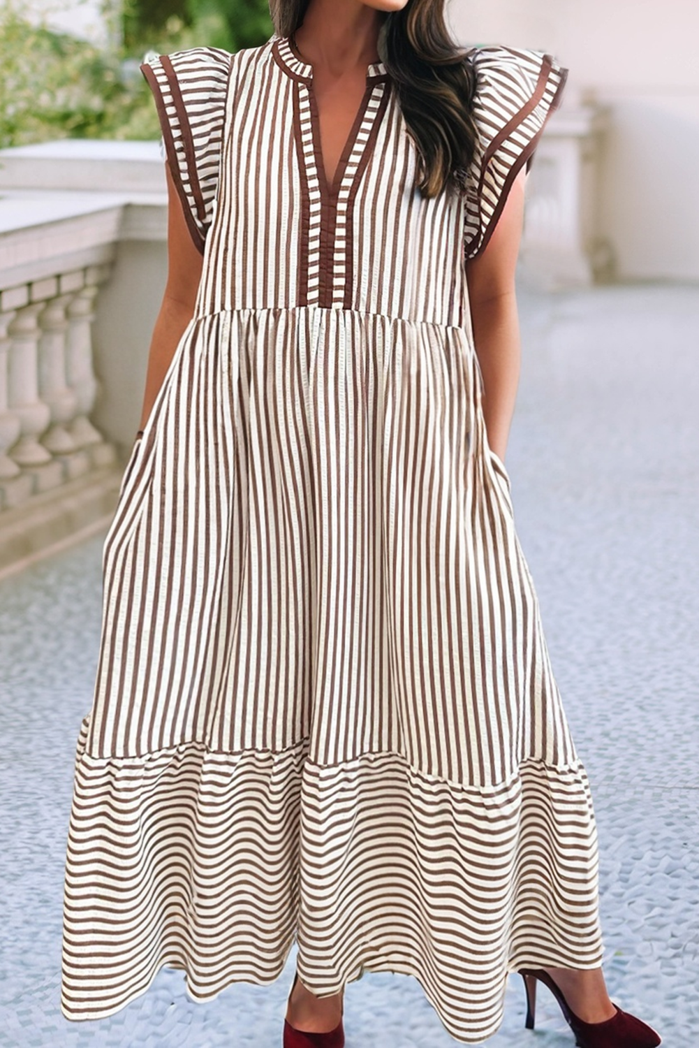 Spring Ruffled Stripe Contrast Trim V Neck Dress