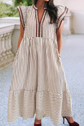 Spring Ruffled Stripe Contrast Trim V Neck Dress