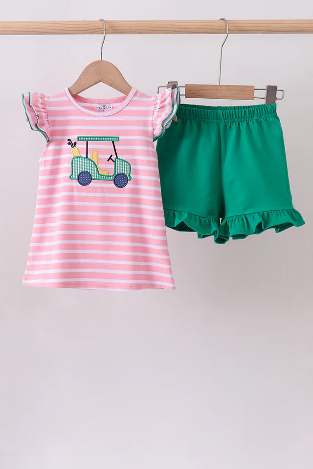 Pink Golf Cart Appliqué Stripe Ruffle Set