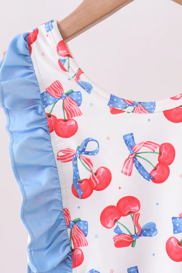 Blue Cherry Print Ruffle Swimsuit