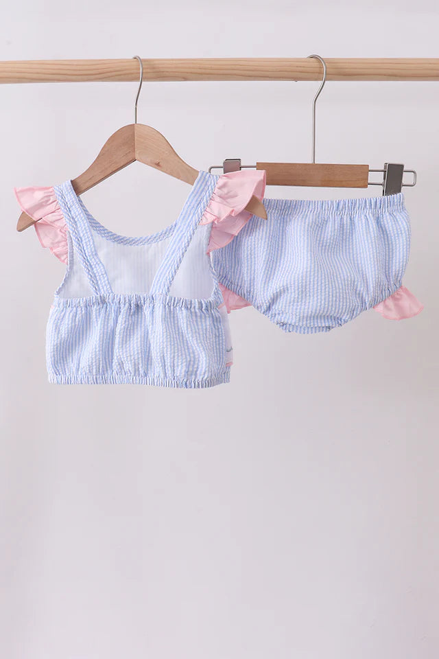 Blue stripe seersucker crab embroidery 2pc ruffle swimsuit