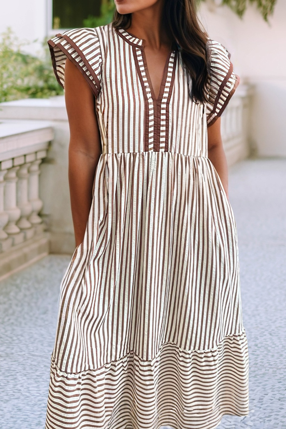 Spring Ruffled Stripe Contrast Trim V Neck Dress