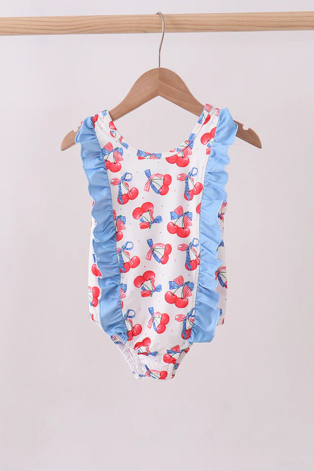 Blue Cherry Print Ruffle Swimsuit