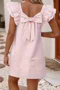 Textured Flutter Sleeve Square Neck Bow Back Mini Dress
