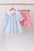 Blue golf cart smocked ruffle shorts set