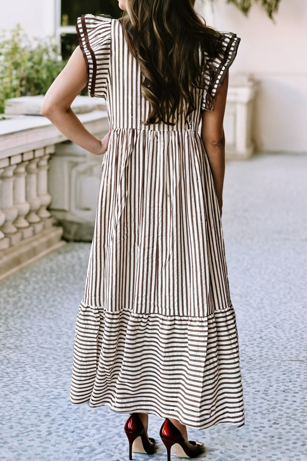 Spring Ruffled Stripe Contrast Trim V Neck Dress