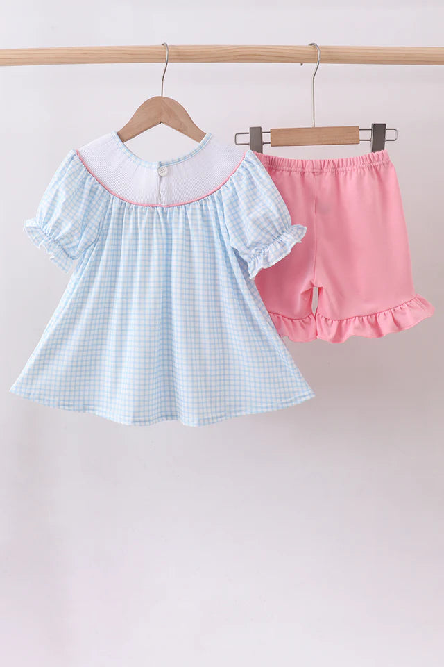 Blue golf cart smocked ruffle shorts set
