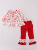 Girls Red Bow Smocked Ruffle Set