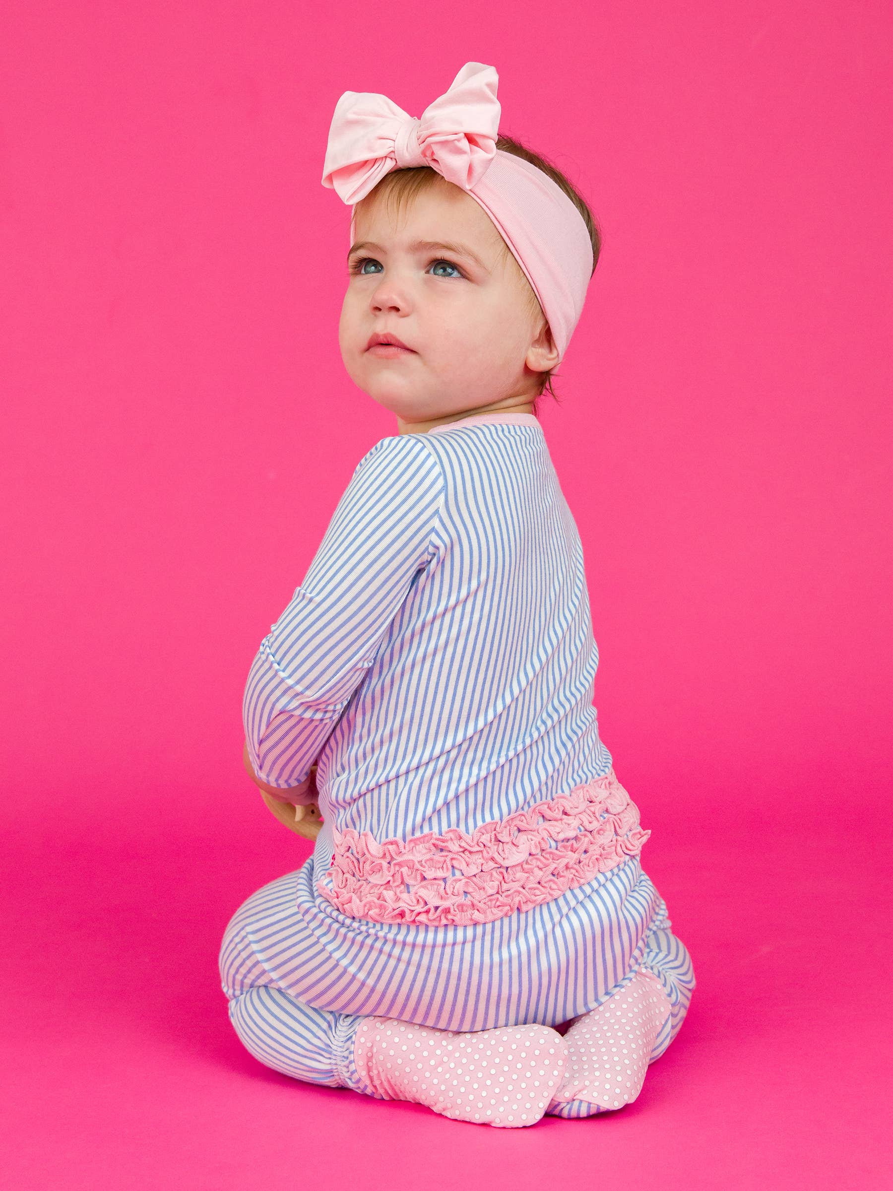 SoftSnooze™ Baby Girls Bamboo Viscose Periwinkle & White Micro Stripe Footed Ruffle One Piece Pajama