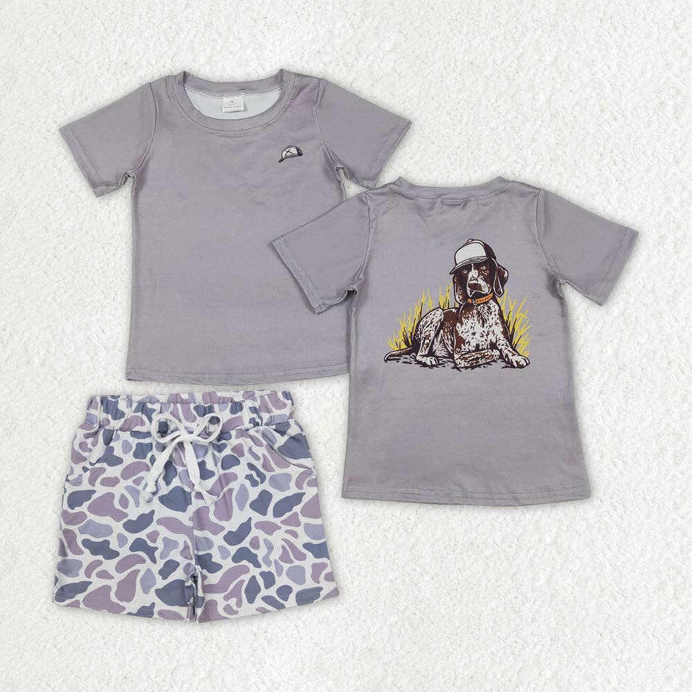 Baby Boys Grey Dogs Hunting Shirt Camouflage Shorts Set