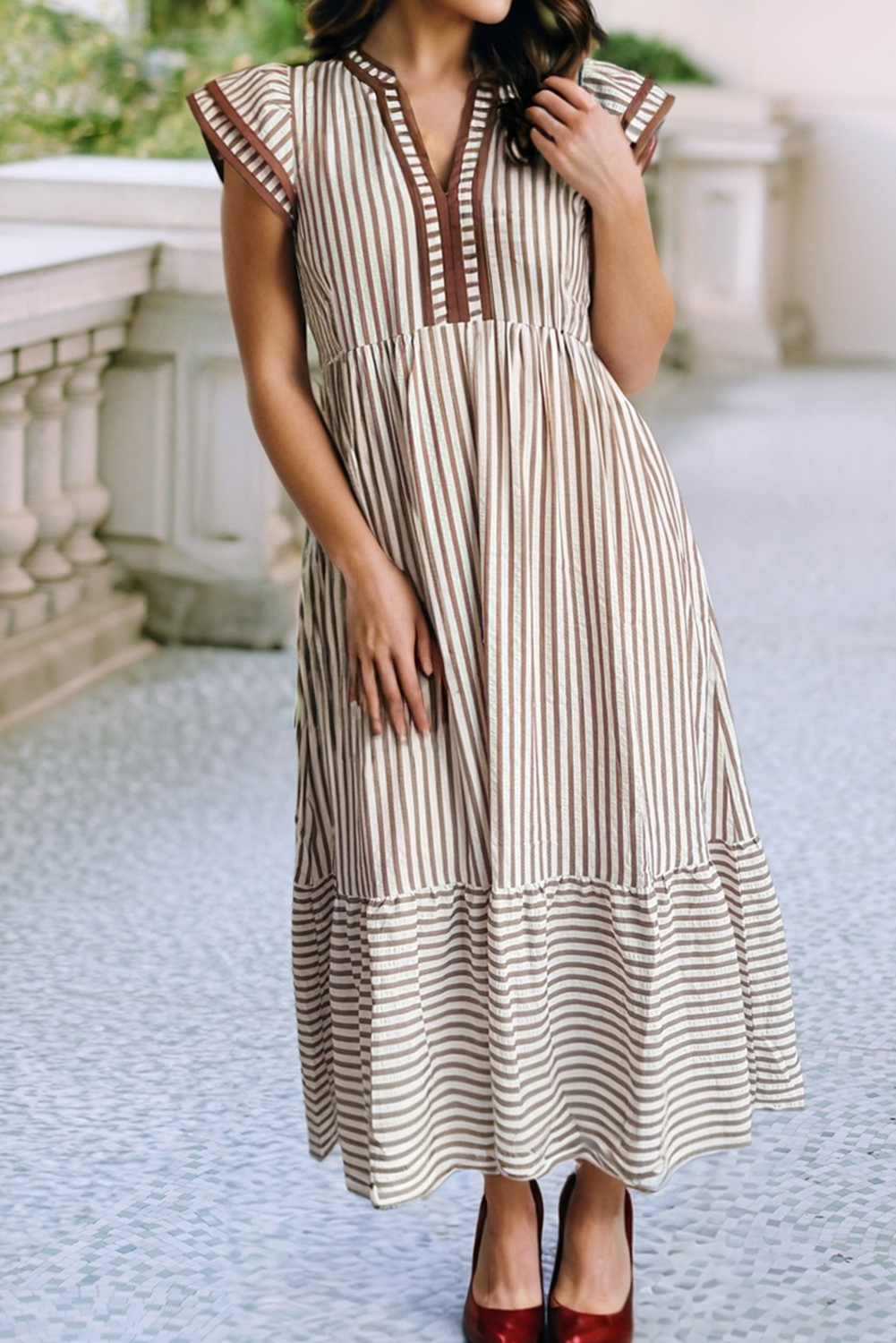 Spring Ruffled Stripe Contrast Trim V Neck Dress