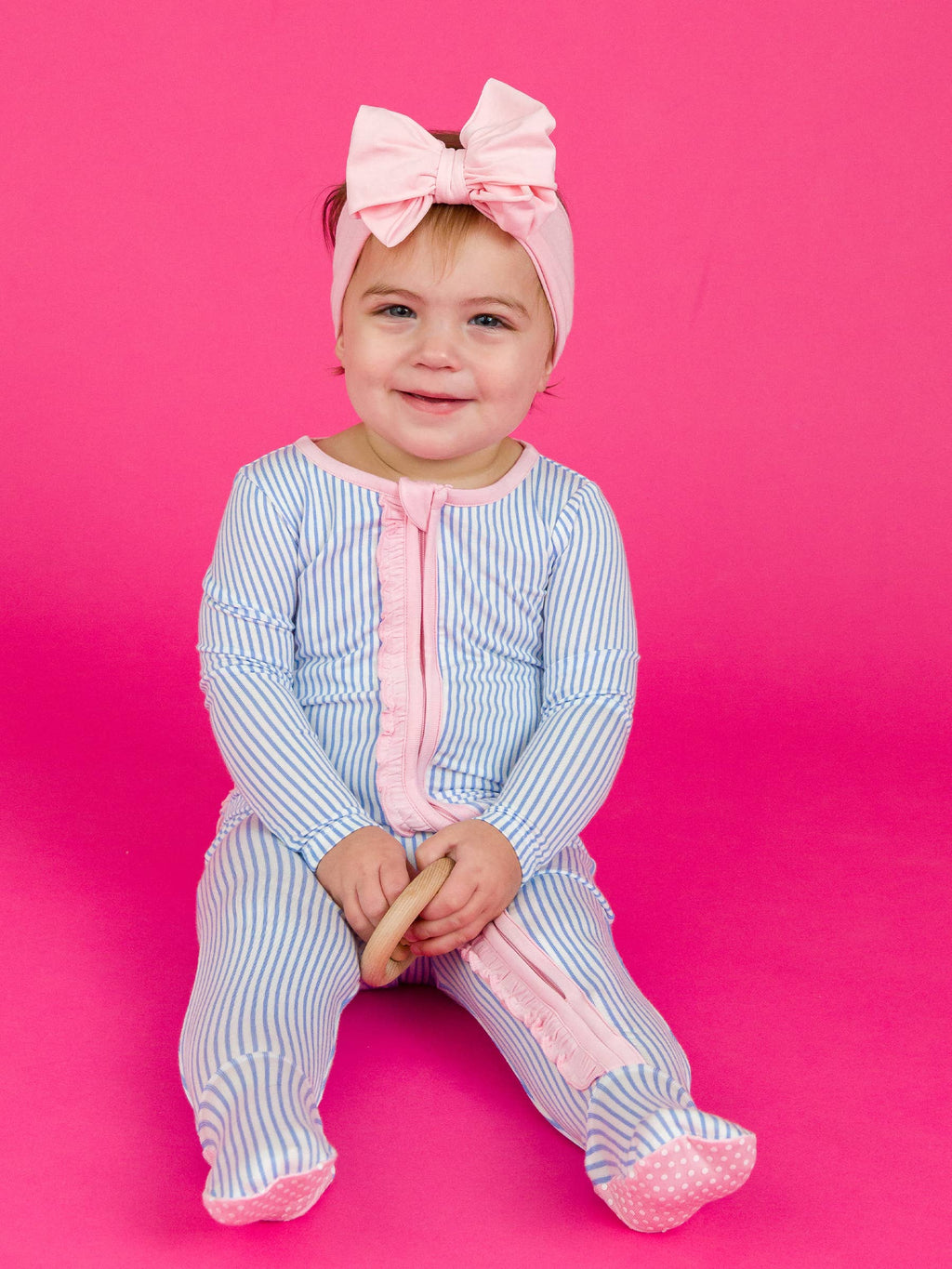 SoftSnooze™ Baby Girls Bamboo Viscose Periwinkle & White Micro Stripe Footed Ruffle One Piece Pajama