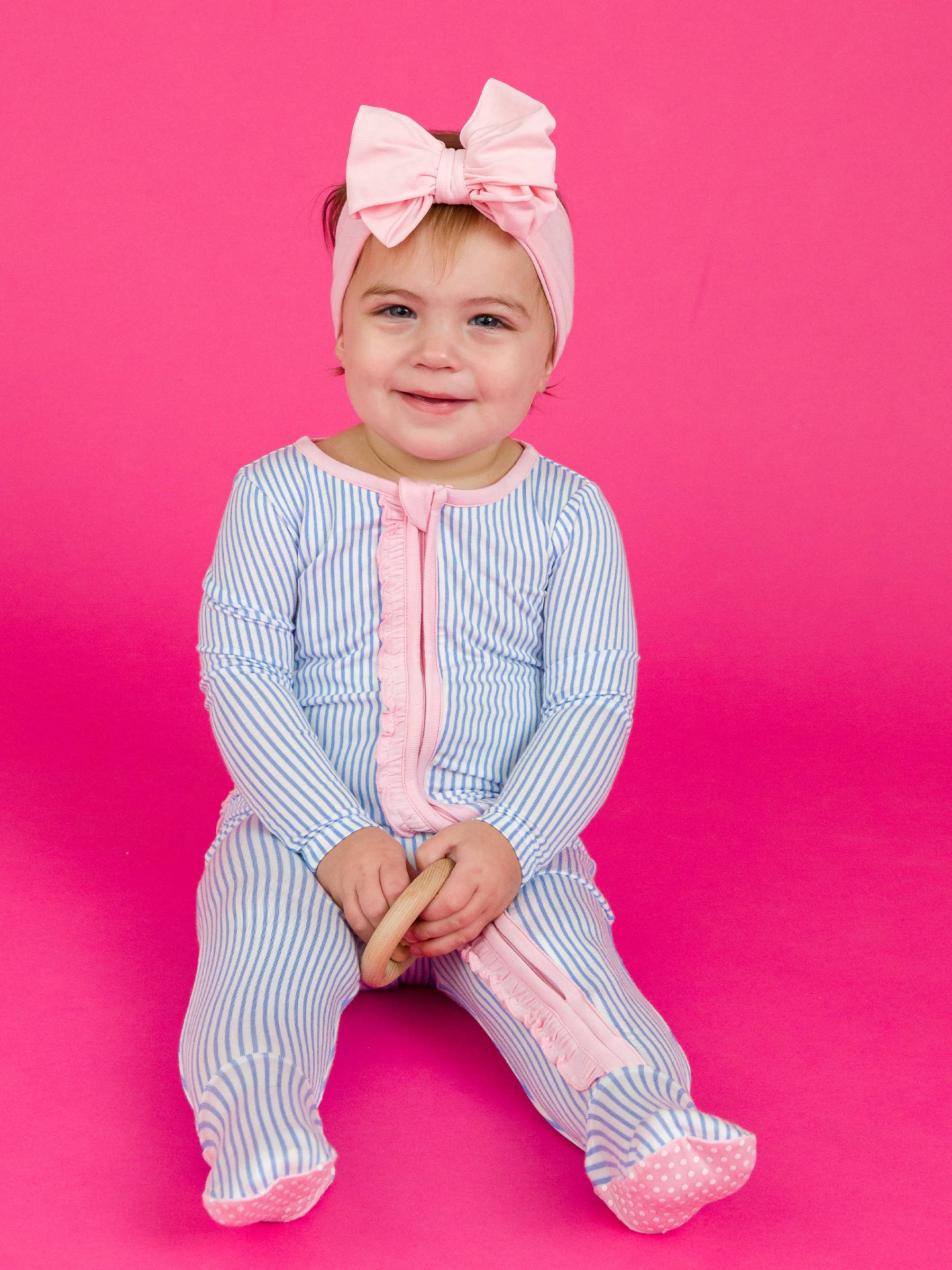 SoftSnooze™ Baby Girls Bamboo Viscose Periwinkle & White Micro Stripe Footed Ruffle One Piece Pajama