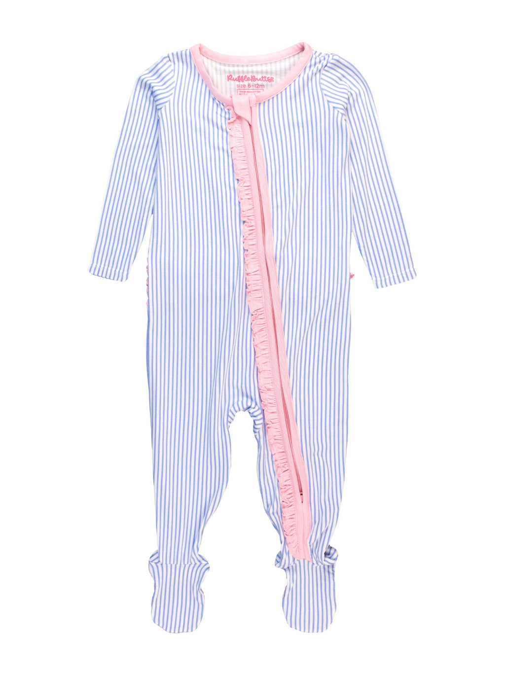 SoftSnooze™ Baby Girls Bamboo Viscose Periwinkle & White Micro Stripe Footed Ruffle One Piece Pajama