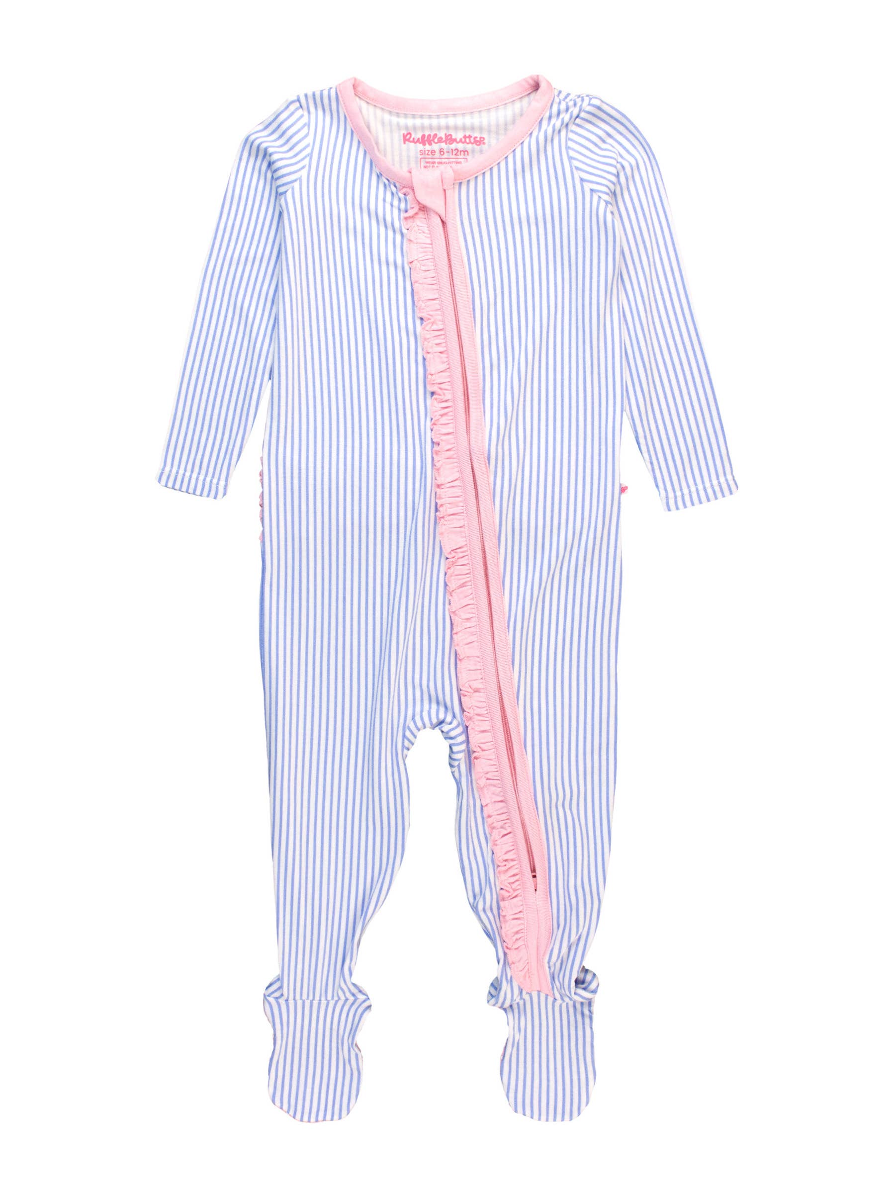 SoftSnooze™ Baby Girls Bamboo Viscose Periwinkle & White Micro Stripe Footed Ruffle One Piece Pajama